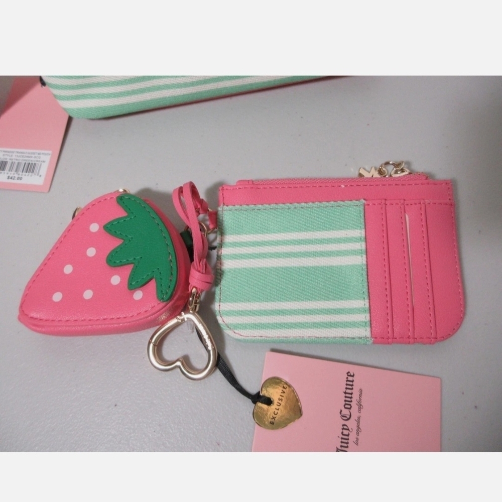 Juicy Couture Mint Green & Pink Stripe Wristlet with Strawberry Charm - Picture 2 of 11
